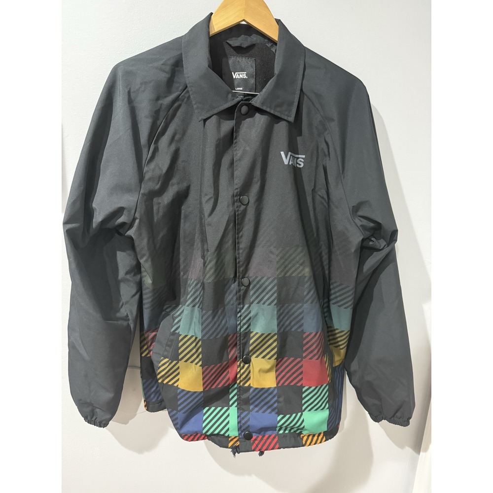 VANS Men Jacket Large Black Torrey Windbreaker Snap Drawstring Plaid‎ Checkers